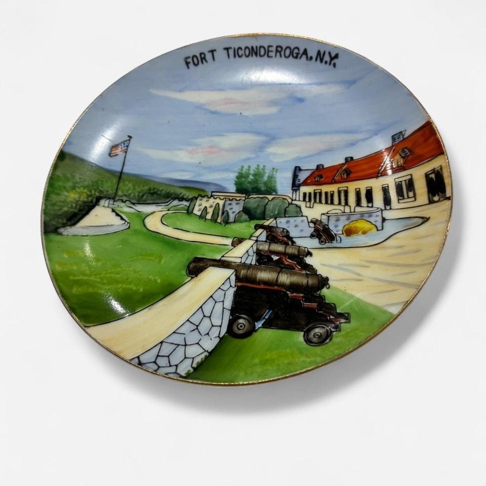 Fort Ticonderoga New York saucer size porcelain plate w/ painted scene of a fort